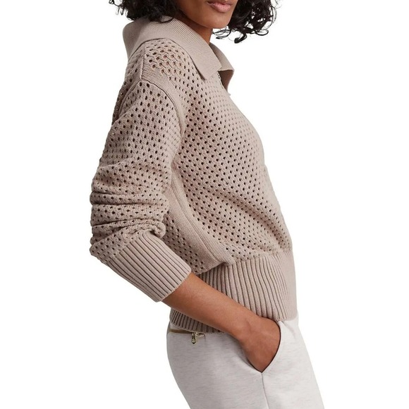 NWOT New VARLEY Lily Knit Polo Tan Perforated Quarter Zip Collared Sweater XS - Picture 12 of 13